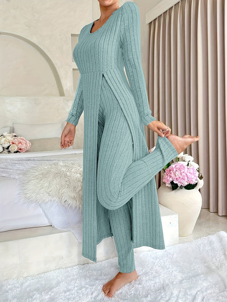 Design Sense Round Neck Slit Long Sleeve Base Top for Women; Two-piece Set with Trousers; Ribbed
