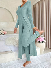 Design Sense Round Neck Slit Long Sleeve Base Top for Women; Two-piece Set with Trousers; Ribbed