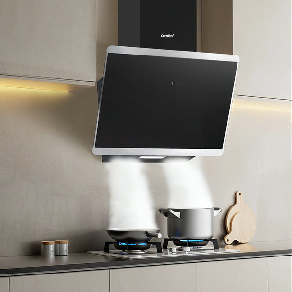 Midea COMFEE' 60cm Angled Cooker Hood Energy Class A++ - Tempered Glass Extractor Hood with Touch Screen, LED Lights, Recirculating & Ducting System, Wall-Mounted Black Kitchen Fan, A Must-Have for Every Home Kitchen