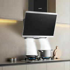 Midea COMFEE' 60cm Angled Cooker Hood Energy Class A++ - Tempered Glass Extractor Hood with Touch Screen, LED Lights, Recirculating & Ducting System, Wall-Mounted Black Kitchen Fan, A Must-Have for Every Home Kitchen