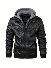 2907 Cross-Border New Double-Zipper Hooded Faux Leather Jacket Men'S Casual Fashion Motorcycle Jacket Men'S Korean Version Trendy Solid Color Coat Men