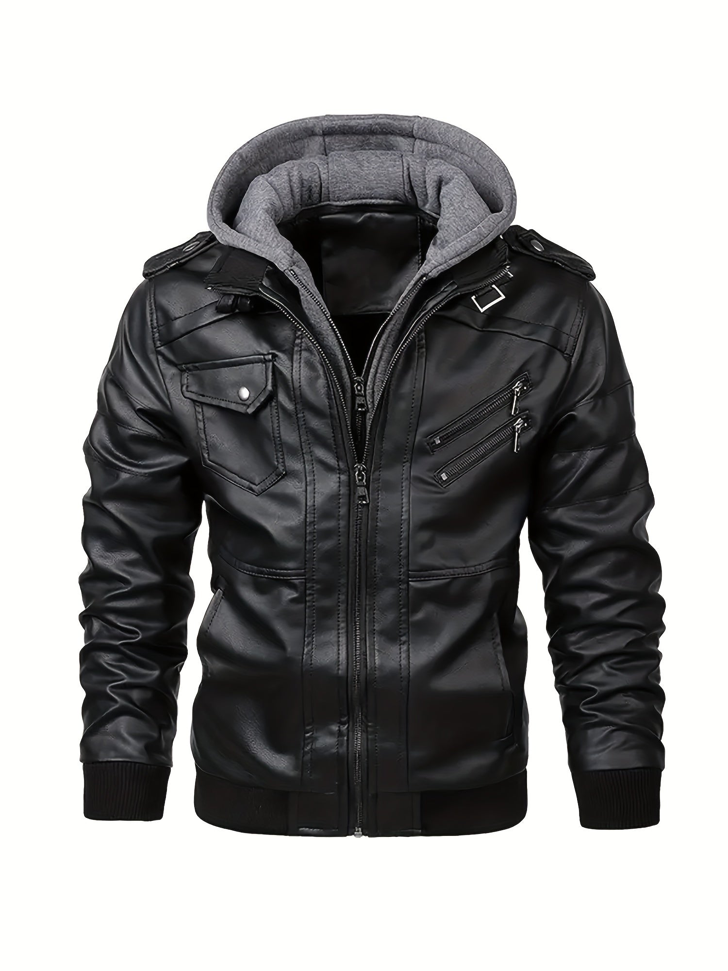 2907 Cross-Border New Double-Zipper Hooded Faux Leather Jacket Men'S Casual Fashion Motorcycle Jacket Men'S Korean Version Trendy Solid Color Coat Men