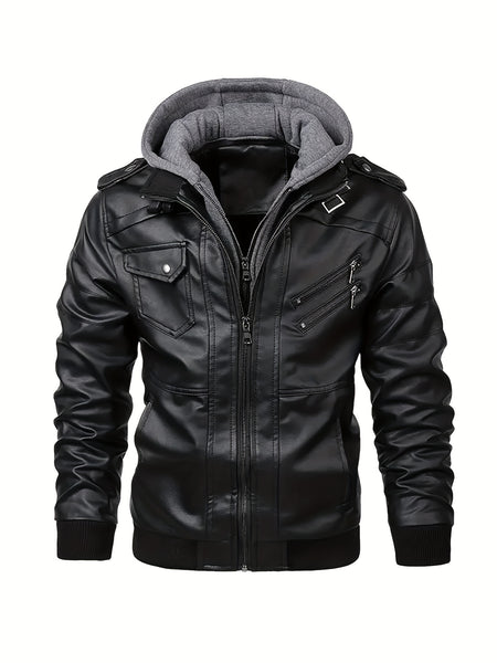 2907 Cross-Border New Double-Zipper Hooded Faux Leather Jacket Men'S Casual Fashion Motorcycle Jacket Men'S Korean Version Trendy Solid Color Coat Men