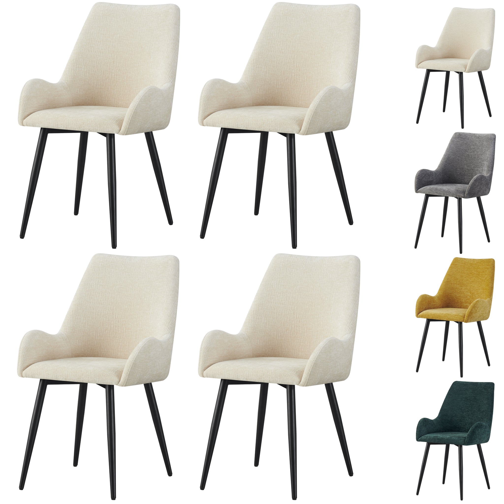 MOF Set of 4 Dining Chairs with Armrests - Mid-Century Upholstered Dining Chairs with Soft Cushioned Seat & Black Metal Legs for Dining Room, Living Room, Kitchen or Vanity Chair