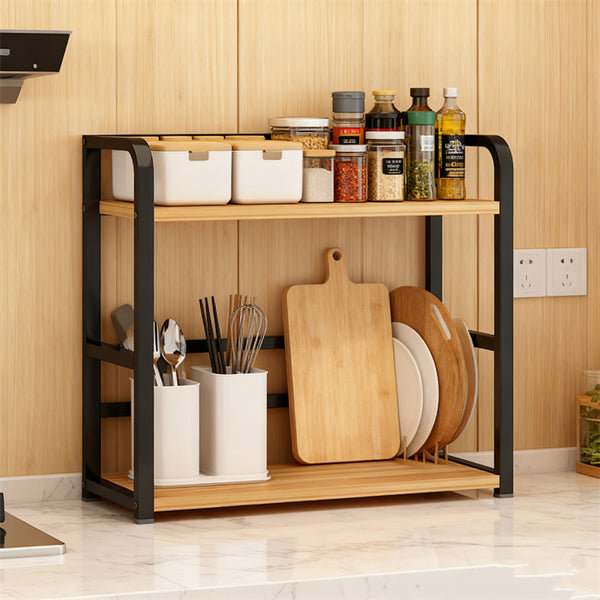Two-Tier Coffee Bar Organizer for Kitchen Counter, Spice Rack, Versatile Mug Holder Display Stand, Accessory Storage Shelf with Hooks, Black