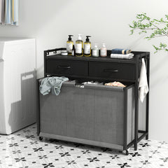 Modern Gray Rolling Laundry Hamper with 3 Removable Bags & 2 Drawers - Durable Wooden Laundry Sorter Cart for Bathroom, Bedroom, Laundry Room - Space-Saving Storage Organizer with Wheels, Laundry Basket, Laundry Baskets