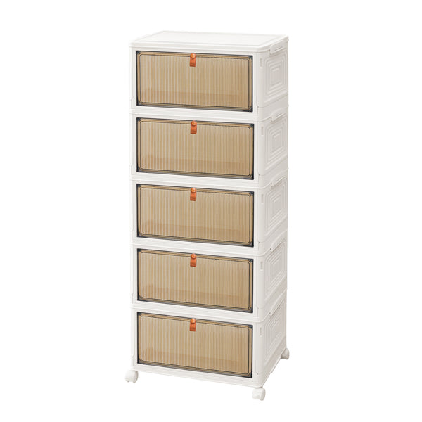 3 4 5 Tier Folding Storage Box, Plastic Collapsible Storage Box with Wheels, Stackable Storage Boxes with Lids and Front Opening Door Stackable Storage Boxes with Lids, 4 Wheels, Sturdy PP Matterial, Foldable Plastic Storage Unit for Toys/Office Supplies/