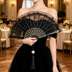 Black Lace Folding Fan, Handheld Fan with Pendant Tassel, Black Retro Lace Handheld Fan for Women'S Birthday Party Dancing Cosplay