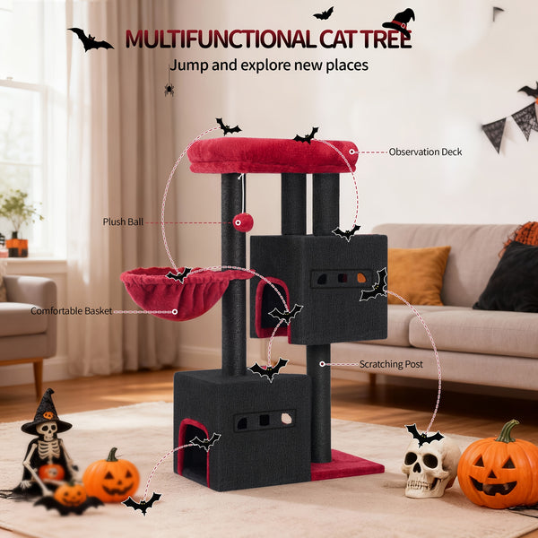98 Cm Scratching Post, Cat Tree, Small Scratching Post, Multi-Storey Scratching Post with Perch, Cat House Furniture with 2 Caves, Sisal Cat Scratching Post, Hammock, Cave