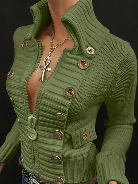Christmas Women's Elegant Cardigan - Front Zipper & Multi Buttons, Stand-Up Collar Sweater, Structured Fit for Office, Party, Everyday - All-Season Chic Outerwear, Office Wear, Textured Knitwear, Ribbed Texture, Stylish Coverup, Working Professionals