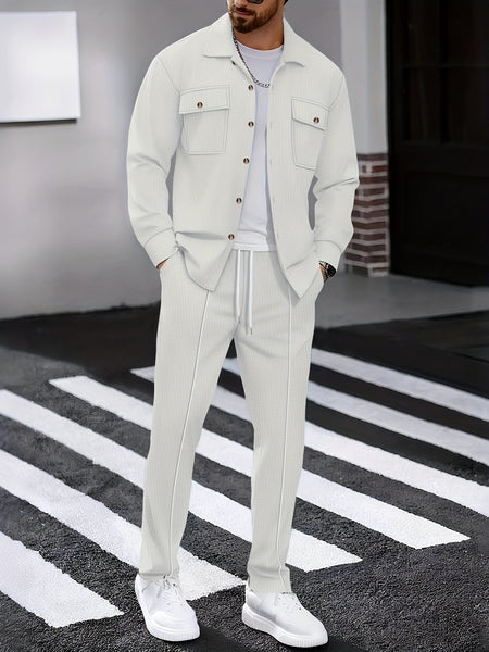 Men's Two-Piece Set, Autumn-Winter Casual Fashion Beach Dual Pocket Turn Collar Long Sleeve Shirt + Trousers Outfit for Fall/Winter Hawaiian Vacation