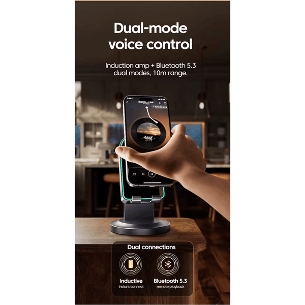Wireless Induction Speaker Dock with Bluetooth Connection, Vertical Phone Holder, Ambient Lighting, Portable Design