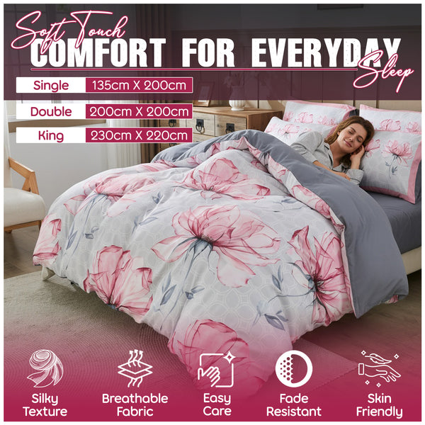 Floral Printed Duvet Cover Set with Matching Pillowcases | Soft Microfiber Quilt Cover for Single, Double and King Beds | Lightweight and Breathable All-Season Bedding Set | Easy Care Fabric with Pink Flower Design for Modern Bedroom Décor | Local Warehou