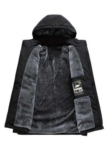 Men's Winter Fleece-Lined Hooded Jacket, with Letter Print for Outdoor Sports & Travel