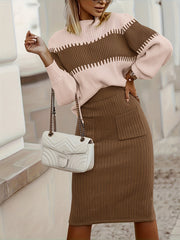 High Neck Pullover Skirt Split Two-Piece Color Block Contrast Thick Long Sleeve Sweater Set, Winter Wardrobe, Elegant Style, Color Block Design, Thick Fabric, Pullover Top, Long Sleeve Skirt, Women'S Fashion, Office Wear