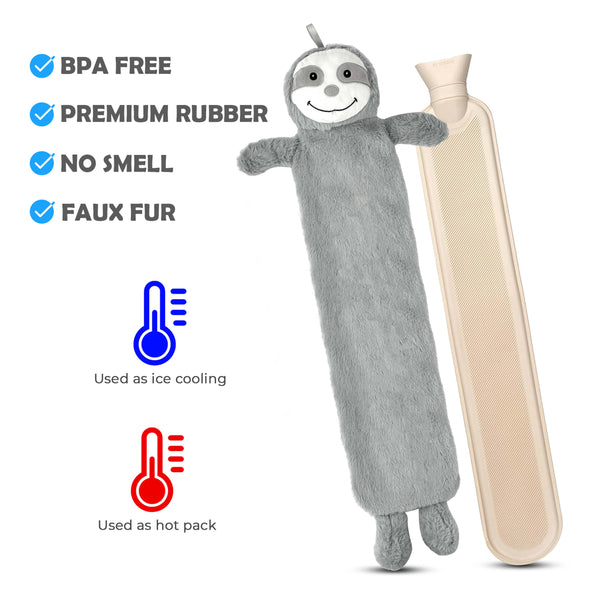 2L Happy Sloth Hot Water Bottle - Natural Rubber for Longer Heat – Hot Water Bag for Pain Relief on Aches or Injuries, Hand Feet Warmer, Neck and Shoulder Pain Relief