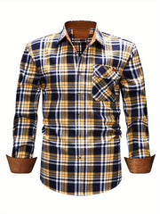 New  Brushed Plaid Flannel Men's Long Sleeve Shirt, Two-Tone Design, Thickened Autumn Casual Shirt for Men's Daily Vacation Streetwear, Comfortable Fit