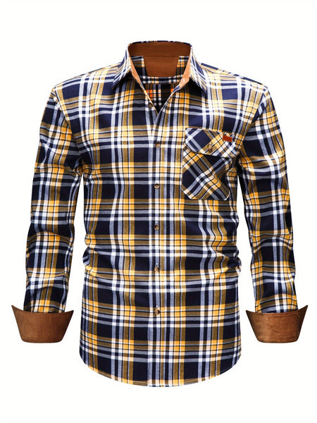 New  Brushed Plaid Flannel Men's Long Sleeve Shirt, Two-Tone Design, Thickened Autumn Casual Shirt for Men's Daily Vacation Streetwear, Comfortable Fit