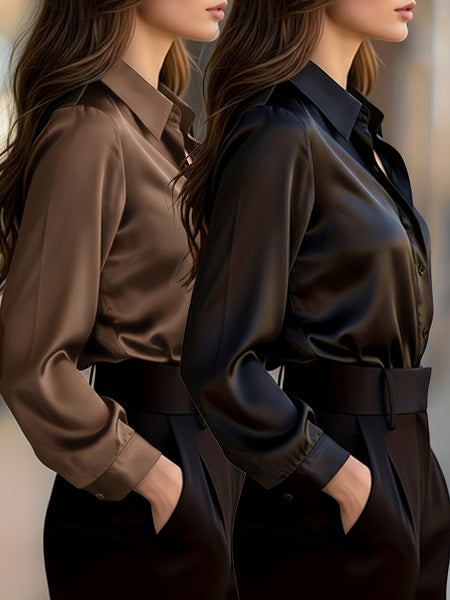 Ladies' 2pcs Top Set: High-end Solid Color Long-sleeve Shirt with Lapel, Simple and Fashionable Design, Light Luxury Commuting Top That Exudes Elegance and Professionalism. Suitable for Various Occasions Such as the Workplace, Dates, and Daily Wear