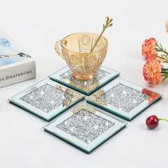 Set of 4 Square Crystal Coasters – 10cm Glass Mirrored Drink Coasters with Glitter Crushed Diamond Design – Elegant Coasters for Home, Kitchen, Bar, or Table Decoration