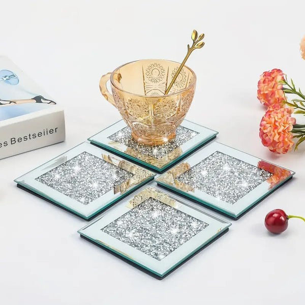 Set of 4 Square Crystal Coasters – 10cm Glass Mirrored Drink Coasters with Glitter Crushed Diamond Design – Elegant Coasters for Home, Kitchen, Bar, or Table Decoration