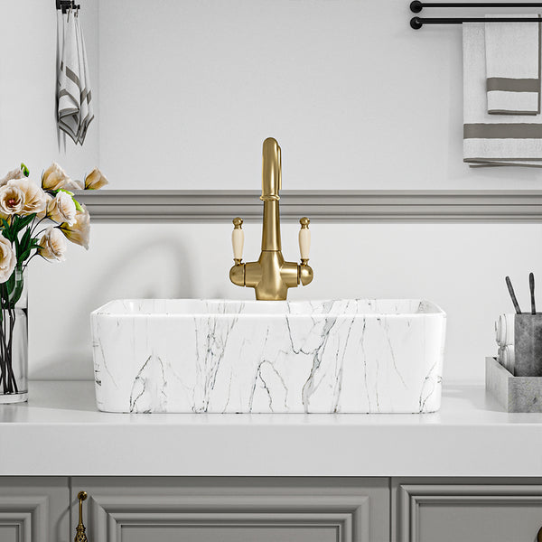 Rectangle Vessel Sink with Faucet Hole, Marble Effect Ceramic Countertop Bathroom Washbasin, Cloakroom Vanity Surface Mounted Ceramic Sink Vessel Washbasin with Pop Up Waste Drainer, Large Basin Sink for Lavatory, Bathroom, Vanity Unit, White Gloss, 480x3