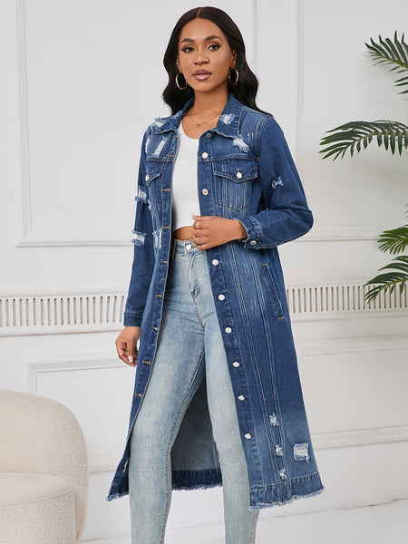 New Style Ripped Denim Jacket with Genuine Pockets - Long Women's Denim Jacket