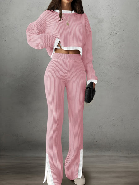Women'S Short Color-Blocked Long-Sleeve Top with Solid Color Pants, a Casual And Stylish Outfit for Christmas