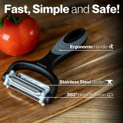 Lantana Potato Peeler + Micro-Serrated Veg Peeler + Julienne Slicer - 3 in 1 for Speed Peeling of Fruit & Vegetable - Black/Grey/Stainless Steel