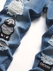 Men's Ripped Jeans with Doll Figure Pattern, Youth Zhang Zai Embroidery, Trendy Skinny Tapered Fit Denim Pants