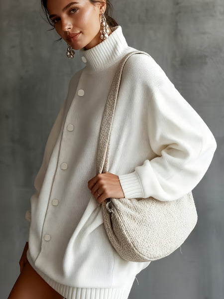 Women's Long White Button- Fashion Fabric Pullover with Lapel, Long Sleeves, Simple Design, Suitable for Spring and Autumn Daily Commute and Festive Occasions
