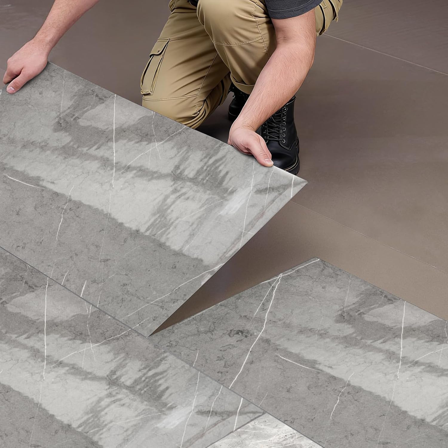 26/52pcs Marble Texture PVC Self-Adhesive Floor Tiles - Peel & Stick Easy Install for Rental Homes, Bedroom & Kitchen - Dark Gray/Light Gray/White Decorative Floor Renovation Patches (26, White)