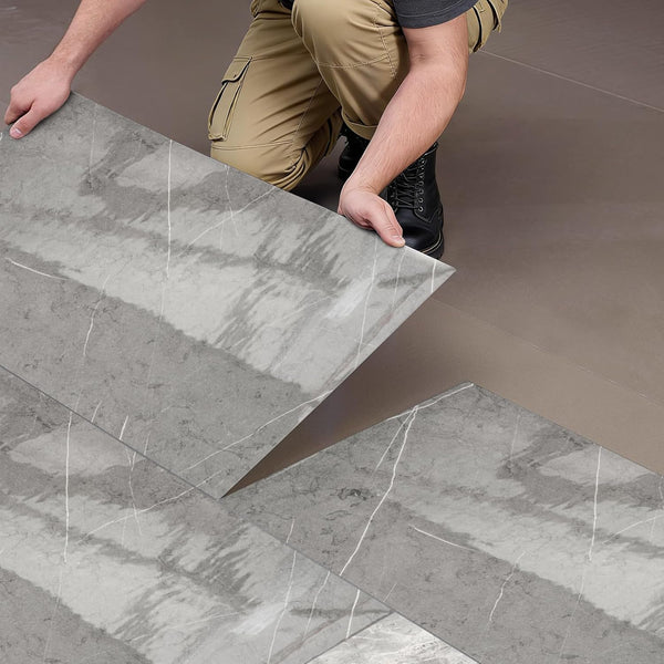 26/52pcs Marble Texture PVC Self-Adhesive Floor Tiles - Peel & Stick Easy Install for Rental Homes, Bedroom & Kitchen - Dark Gray/Light Gray/White Decorative Floor Renovation Patches (26, White)