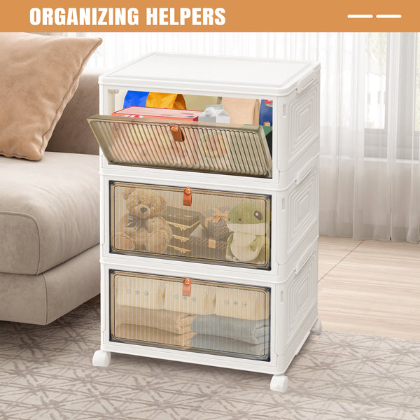Storage Boxes with Lid - 3/4/5 Tier Plastic Storage Box with Lid, Stackable Storage Boxes with Wheels, Storage Drawers with Front Door, Plastic Box for Home and Office, White