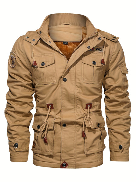 2025 New Winter Casual Multi-Pocket Workwear Hooded Men's Jacket with Lining, Mid-Length with Detachable Hood