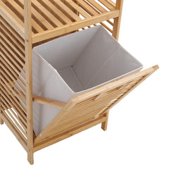 Tilt Out Laundry Hamper, Bamboo Laundry Basket with Foldable Bag and 3 Open Shelves, Freestanding Clothes Storage Organizer for Bedroom, Bathroom, Living Room