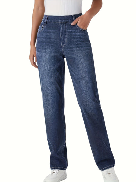 [Stretch High Waist Jeans] Stretch High Waist Multi-Pocket Straight Leg Jeans | Water-Washed Casual Pants, Machine Washable Solid Color Elegant Comfort for Spring/Summer