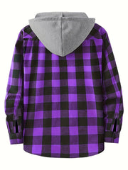 2pcs Men's New York Fashion Trendy Plaid Shirt Hoodie, Plaid Pullover Sweatshirt Flannel Hoodie
