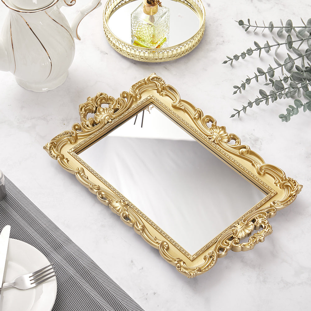Luxury and Retro Style Bathroom Mirror Tray, Decorative Tray for Bathroom, Plastic Tray for Bathroom Countertop, Cosmetic and Jewelry Storage Tray, Golden Square Tray