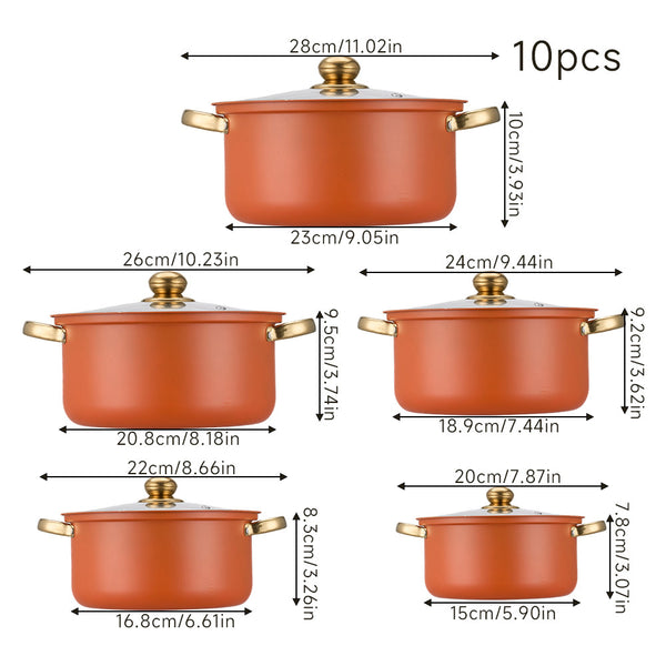 Stainless Steel Soup Pot Set (10PCS), Multi-Purpose Household Milk and Soup Pots, Multiple Sizes for Daily Cooking, Hot Pot and Noodles, Gold-Plated Handle, Orange