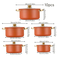 Stainless Steel Soup Pot Set (10PCS), Multi-Purpose Household Milk and Soup Pots, Multiple Sizes for Daily Cooking, Hot Pot and Noodles, Gold-Plated Handle, Orange