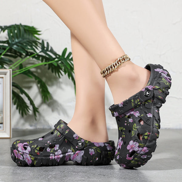 Women'S Floral Print Thick Sole Clogs, Dual-Use Adjustable Strap EVA Garden Shoes, Non-Slip Thick Sole, Summer Beach Wear, Women Shoes