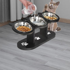 Pet Food Feeding Stand Station Stainless Cat Dog 3* Raised Bowls Wooden Holder