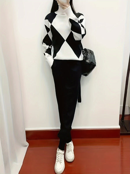 Women's Fashionable Plaid Sweater Set, New Autumn/ winter Style, Casual Plaid Two-piece Sweater Set, Drawstring Elastic Waist, Side Pockets, Suitable for Autumn/ winter Casual Wear and Daily Commuting, Combining Fashion and Warmth.