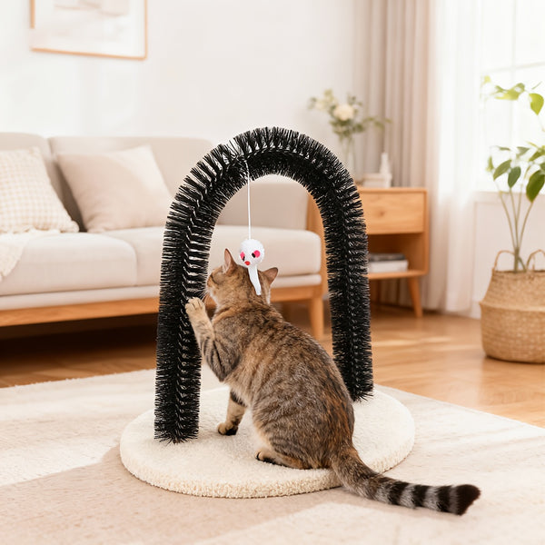 4-in-1 Multifunctional Pet Toy Cat Arch Scratcher Beauty Container and Massager Toy Pet Cat Scratching Board Toy Fur Grooming Brush Cat Arch Scratcher Irresistible Grooming Brush and Scratching Toy