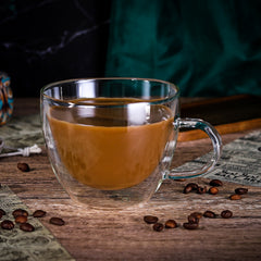 Vinsani Double Walled Coffee Drink Glasses Tea Cup Mug Heat Cold Resistant Aesthetic Clear Borosilicate Glass with Handle Cappuccino Latte Tea Dessert Hot and Cold Drinks