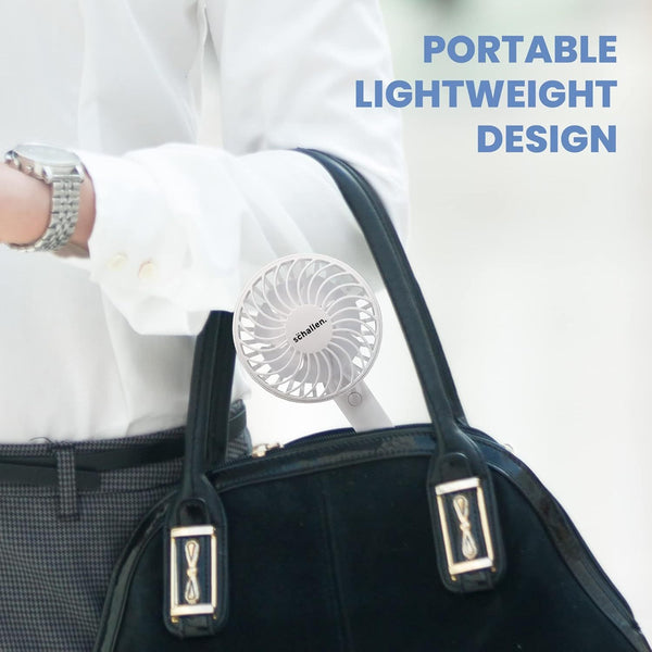 Schallen White Small Powerful Hand Held Travel Fan Mini Portable Handheld Fan USB Rechargeable Battery Powered Electric Travel Cooling Fan Lightweight Personal Pocket Fan with 3 Speed Settings Quiet Operation 1200mAh Long Battery Life Summer Cooling Fan f