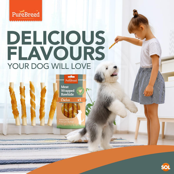 Pure Breed 50 Pack Chicken Dog Treats | Rawhide Twist Chew Sticks for Dogs & Puppies | Meaty Twist Dog Chews in Savoury Chicken Flavour | Low Fat, High Protein Dog Snacks | Long Lasting Puppy Chews for Training Rewards, Travel & Boredom Busting Indoor or