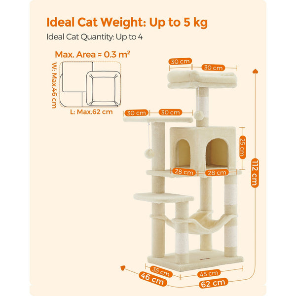 112 cm Cat Tree, Multi-Level Soft Plush Cat Tree, Cat Tower Condo with 4 Cat Scratching Posts, Hammock, Cave, Platform, Toys, Pink/White/Beige/Grey, Easy Assembly and Sturdy, Indoor Cat Furniture