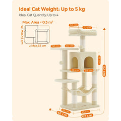 112 cm Cat Tree, Multi-Level Soft Plush Cat Tree, Cat Tower Condo with 4 Cat Scratching Posts, Hammock, Cave, Platform, Toys, Pink/White/Beige/Grey, Easy Assembly and Sturdy, Indoor Cat Furniture